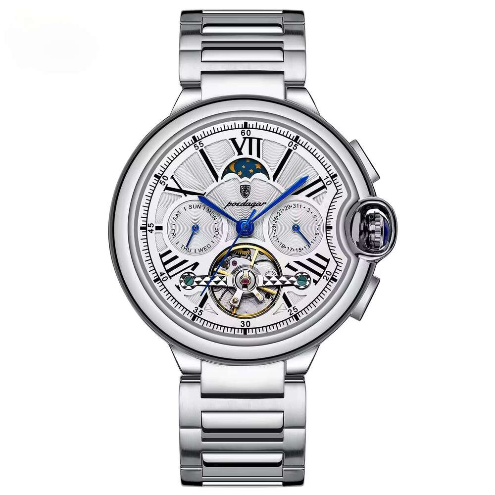 DHwatches Men's Mechanical Watch - Multifunction Moon Phase, Date & Day Display, 30M Waterproof, Stainless Steel Band, Casual Wristwatch