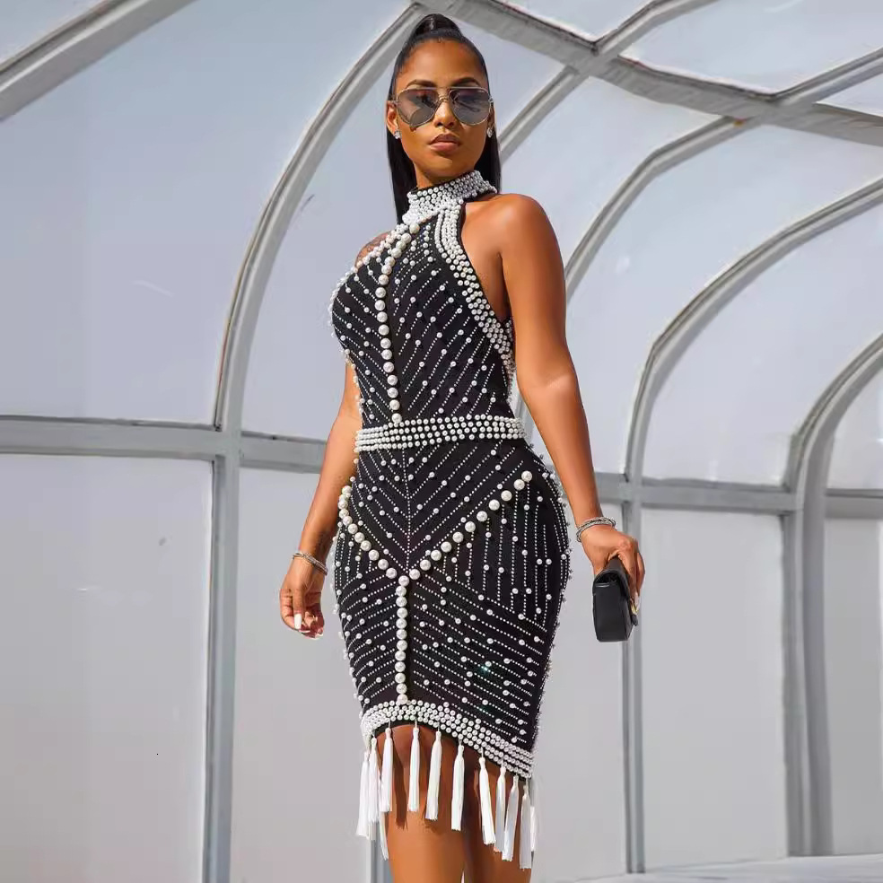 Womens Turtleneck Bodycon Mini Dress with Pearl Ladies Plus Size Dresses High Waist Sexy Party Dress Wholesale Drop 240814