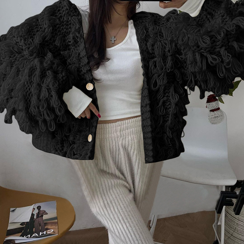 hot Free shipping designer coat for women Fashionable temperament commuting creative knitted tassel button woolen jacket