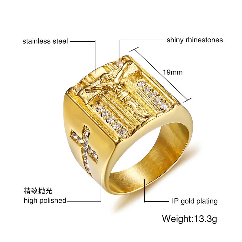 Vnox Punk Jesus Christ Cross Chunky Ring for Men Stainless Steel Crystals Religion Prayer Male Hip-hop Jewelry Gold Color 250717