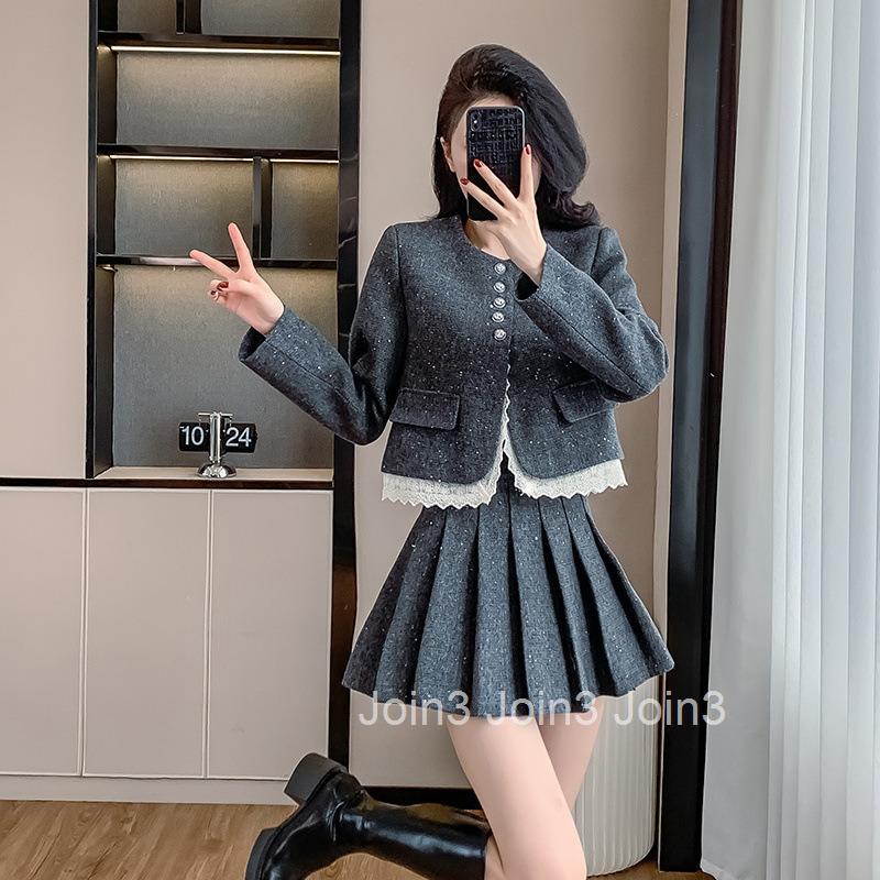 Autumn Winter New French Style Short Skirt Set for Women Lace Trim Sequin Short Jacket Pleated Skirt Two-Piece Set