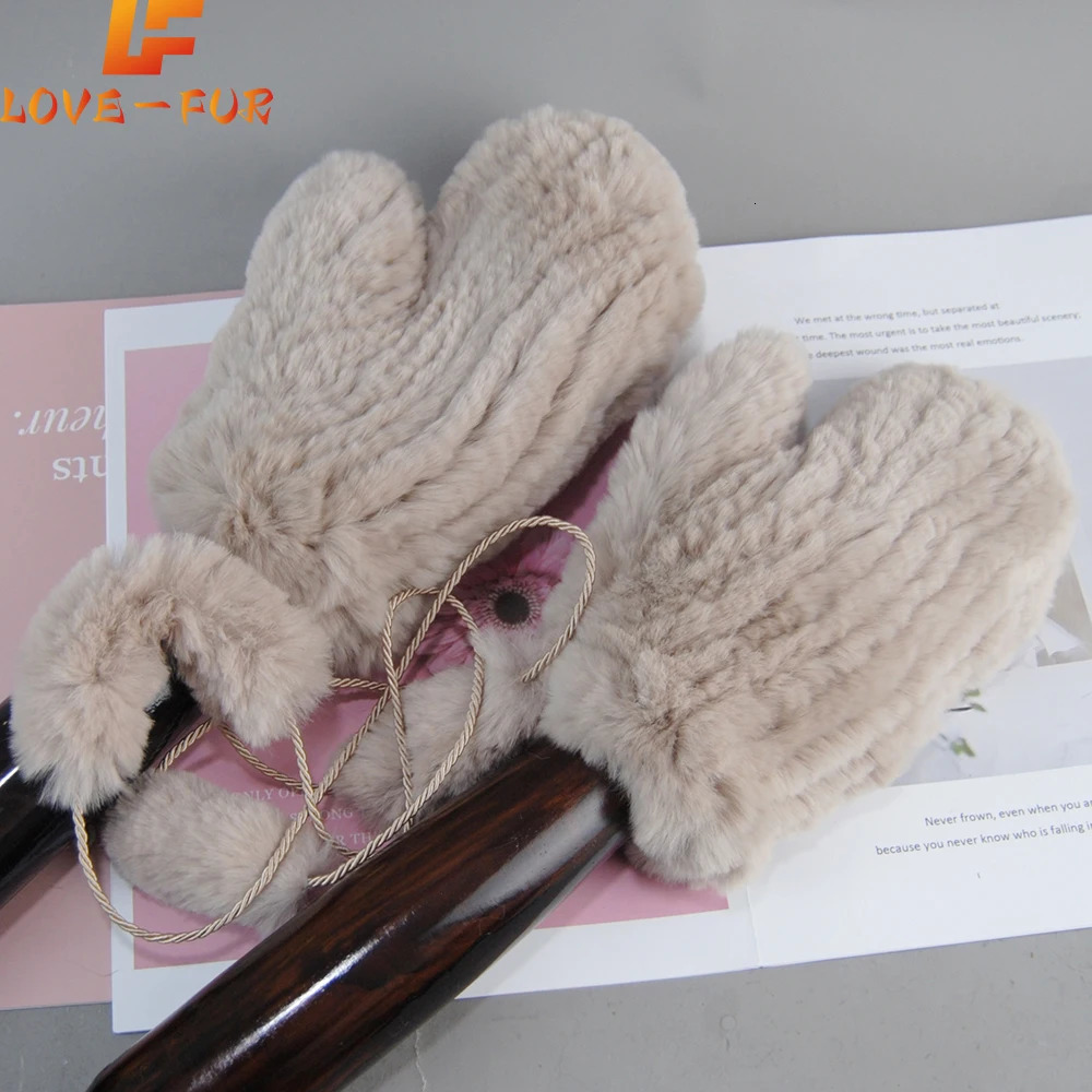 Knitted Fur Women Mittens Women Elastic Handmade Knit Rex Rabbit Fur Gloves Winter Natural Rex Rabbit Fur Glove 250717