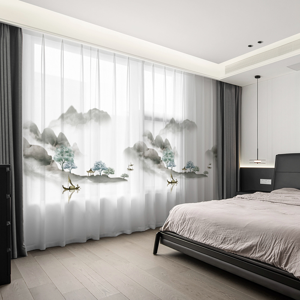 YL-36641 New Chinese style landscape painting all-match chiffon window screen living room bedroom tea house temple light-transmitting and non-transmit