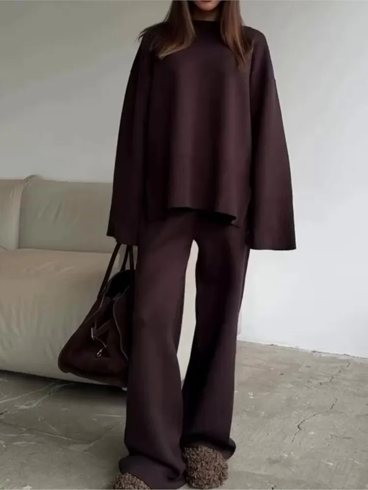 Solid Color Knitted Sweater Two Piece Set Women Fashion Loose O Neck Knitting Pullover Trousers Sets Female Simple Style 250714
