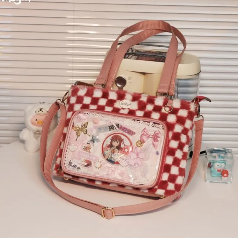 Transparent Plaid Red Ita Bag Handbag Women Sweet Cute Plush Soft Casual Crossbody Bags Female Autumn Large Capacity Ita Bag 250717