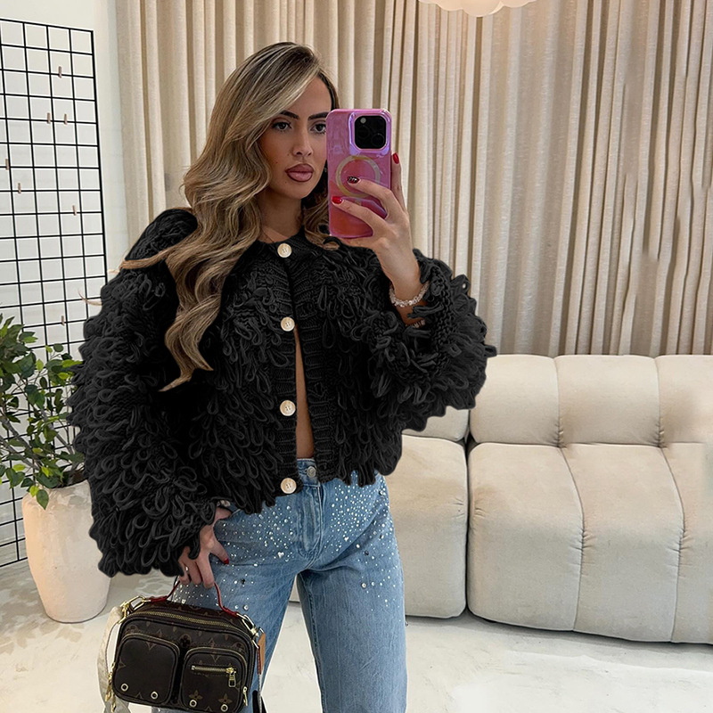 Free shipping designer coat for women Fashionable temperament commuting creative knitted tassel button woolen jacket