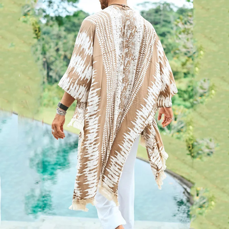 Vintage Pattern Print Trench Coat for Men Casual Loose Tassel Shawl Top Cardigan Summer Hawaiian Beach Sunscreen Cloak Men Capes 250714