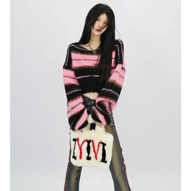 Y2K Korean Style Pink Cropped Sweater Women Striped Jumper Vintage Female Autumn Long Sleeve Crewneck Pullovers Tops 250707