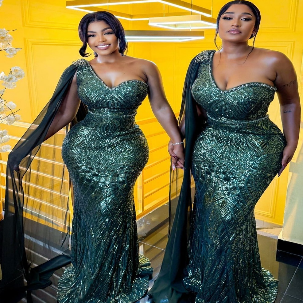Dark Green Mermaid Prom Dresses 2025 Beaded Sequined One Shoulder Evening Formal Party Second Birthday Engagement Gowns Plus Size Dress For Special Oc
