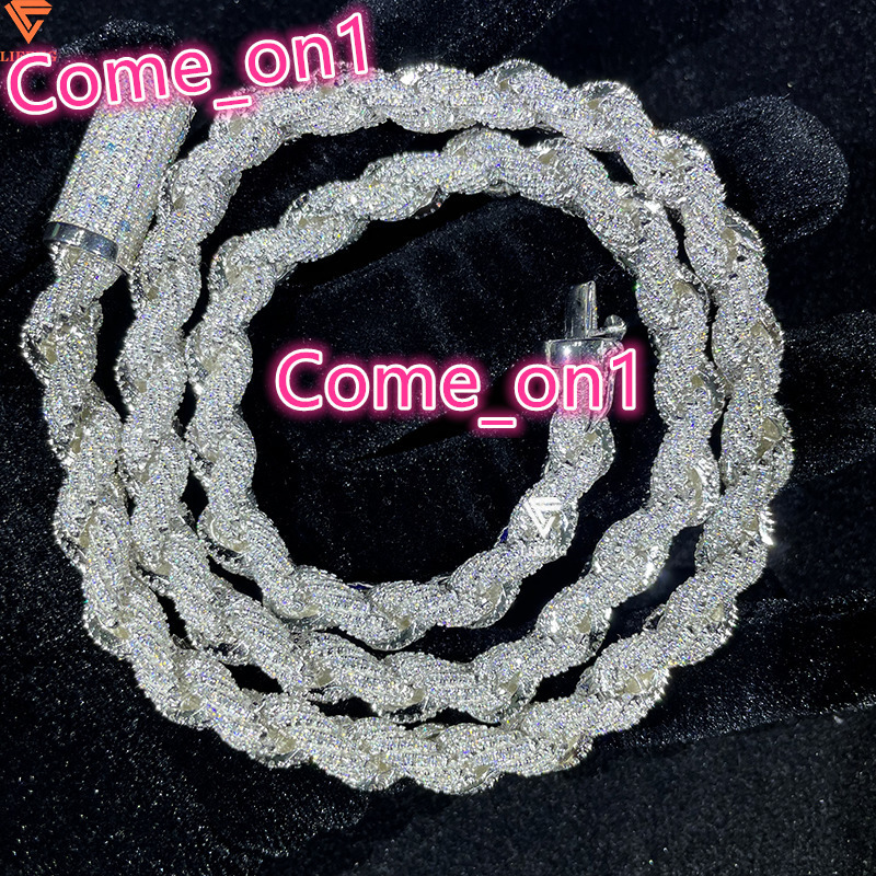 Hot Sale 8mm Iced Out VVS Moissanite Rope Chain Necklace White Gold Ready to Ship 925 Silver Rope Chain Fine Diamond Necklace