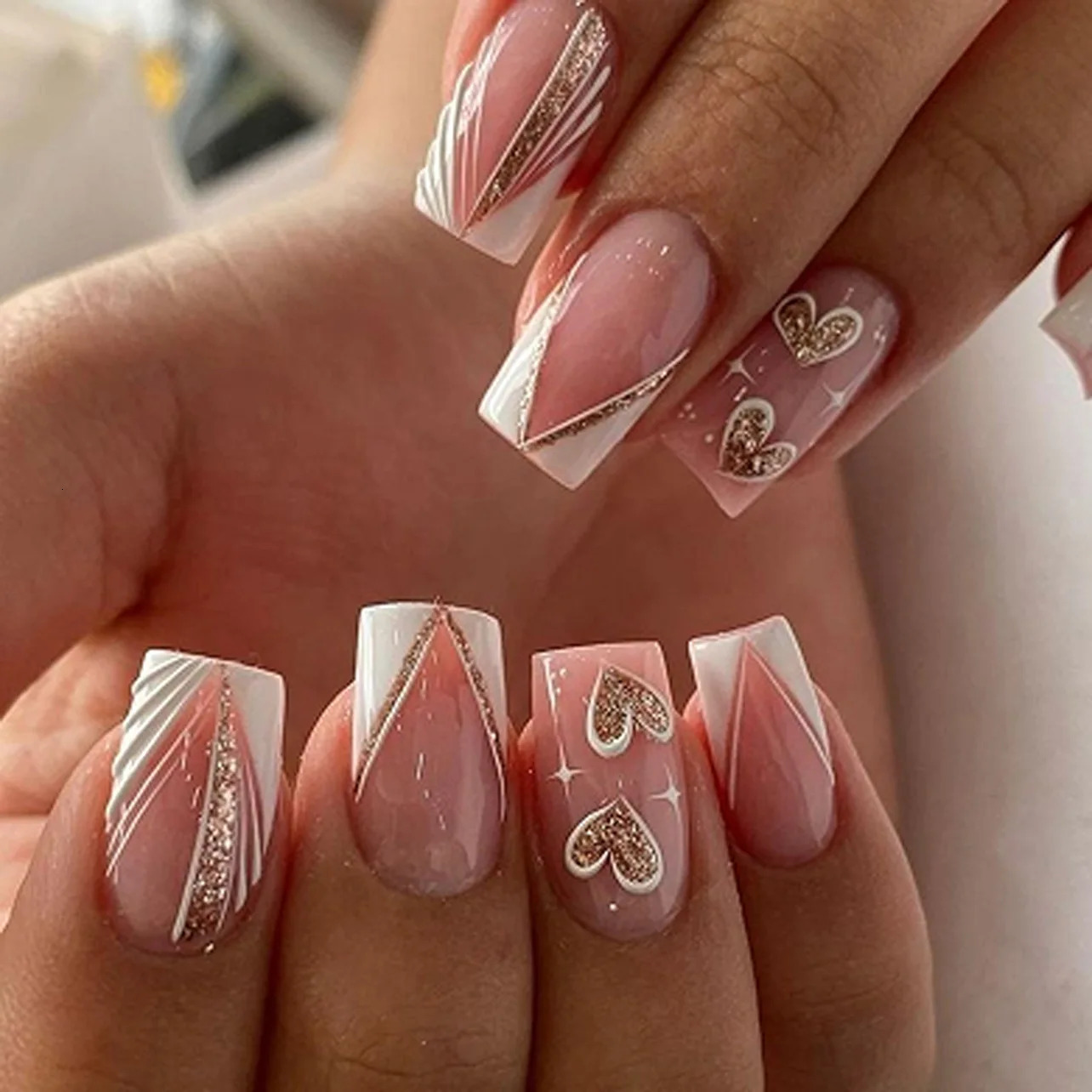 24Pcs Short Square Head Presson Nails Simple French False Art with White Leaves n Wearable Full Cover Nail Tips 250721