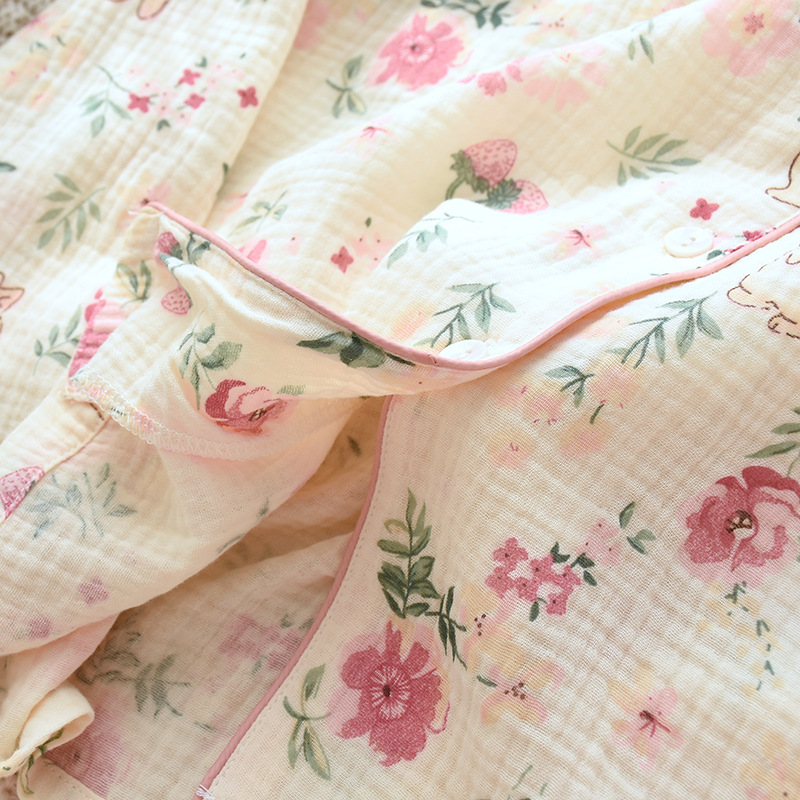 B982-Pure cotton home wear tops for women, single piece, spring and autumn thin gauze long-sleeved cardigan, printed lapel pajamas, loose and casual