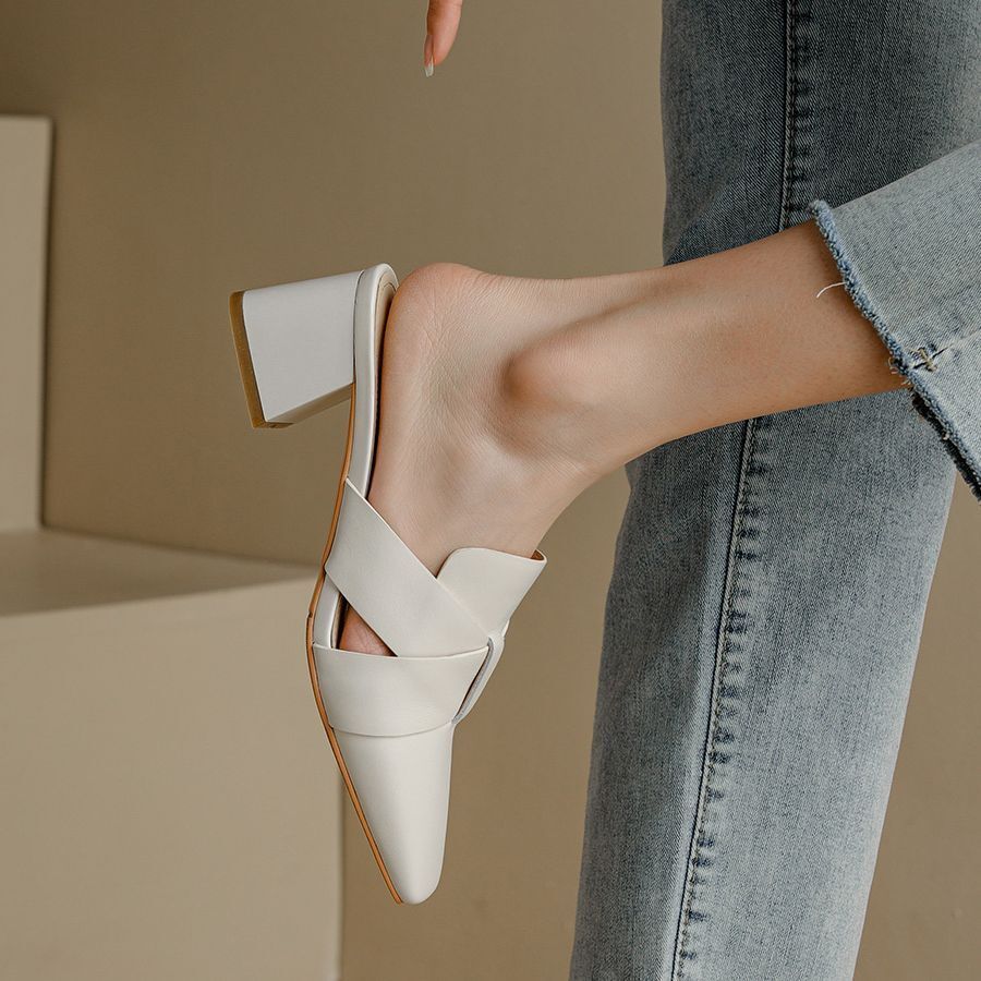 Designer sandals Designer sandals French Style Square Toe for Women, Fashionable Chunky Mid Heel Apricot Mules, Summer Mules