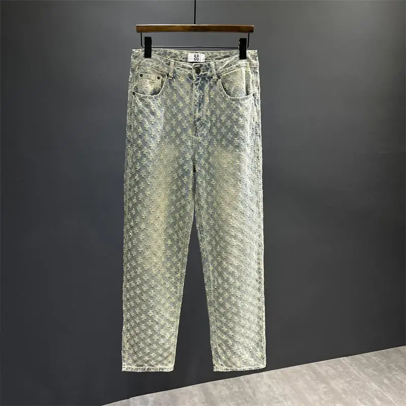 European and American High Street Pants Ins Trendy Jacquard Full Print n Feeling Jeans Mens Loose Wide Leg Pants 250721
