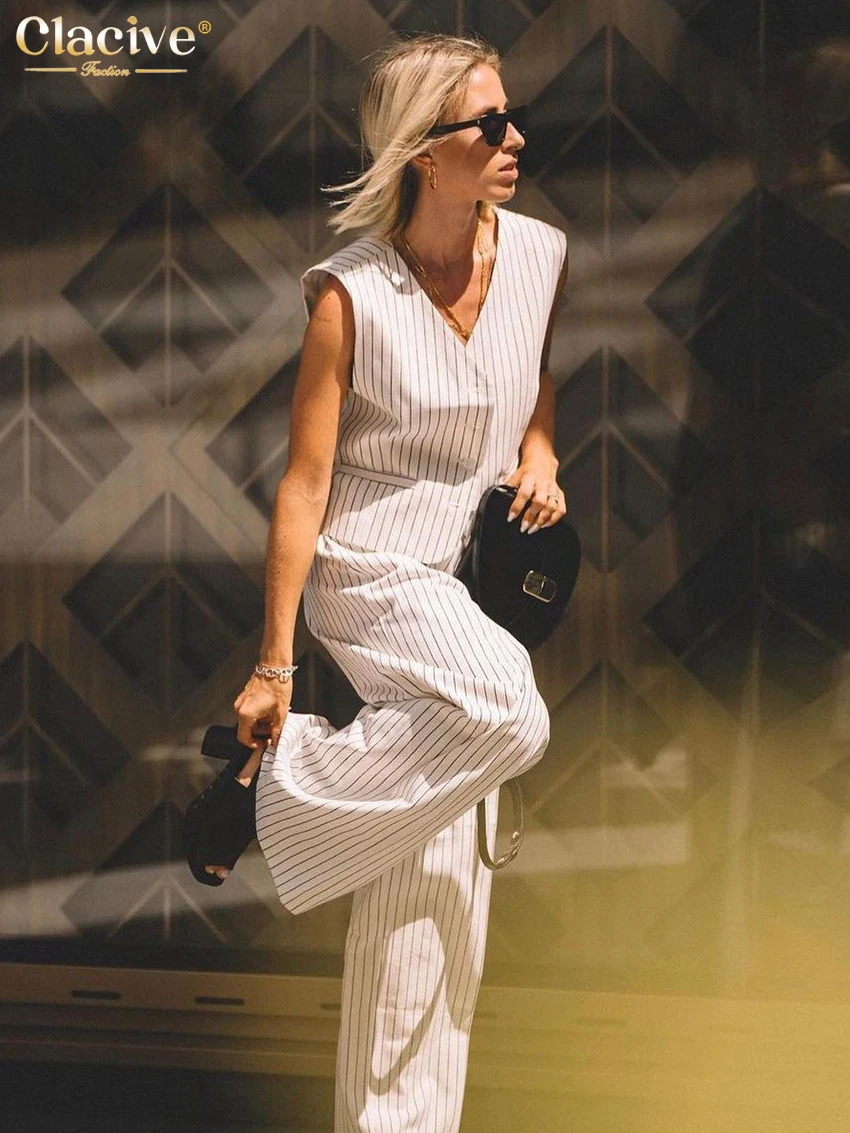 Clacive Fashion Loose Stripe Print Pants Sets For Women 2 Pieces Elegant Sleeveless Tank Top With High Waist Wide Trousers Suits 250714