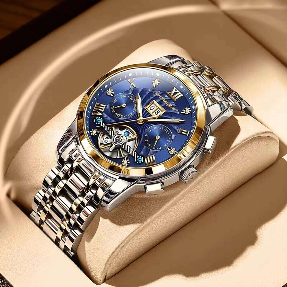 DHgargets Men's Automatic Mechanical Watch - Tourbillon, Skeleton Dial, Day/Date, Luminous, 50M Waterproof, Stainless Steel Business Watch