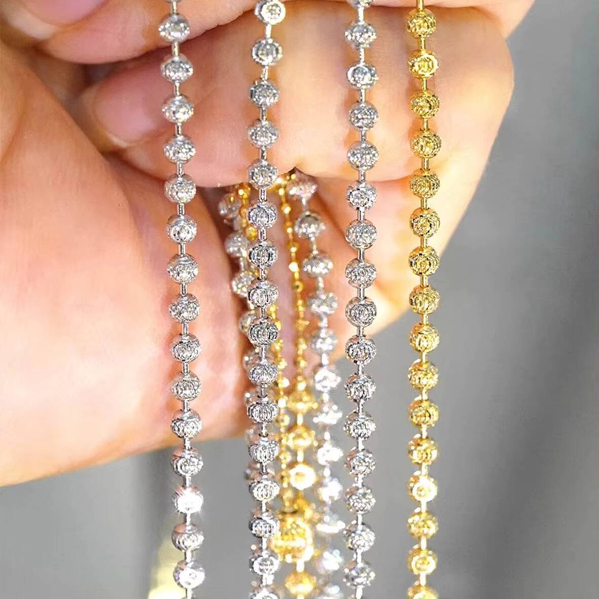 S925 Sterling Silver Beaded Necklace Plated with 18K Gold Shiny Floral Moon Shaped Round Bead Chain Diamond Necklace Jewelry