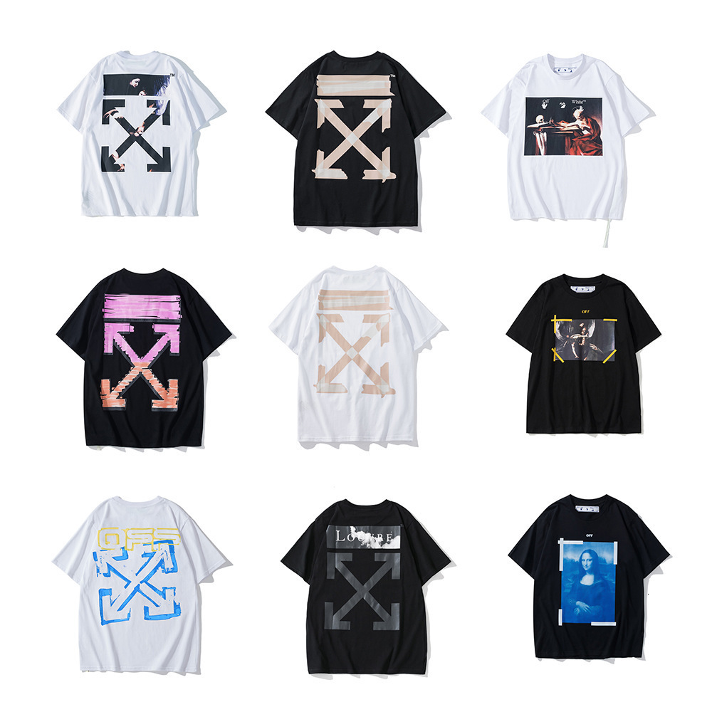 Desginer Fashion Brand European Off Oil Painting White Tape Graffiti Arrow Short Sleeve Summer Mens Womens Lovers T-shirt