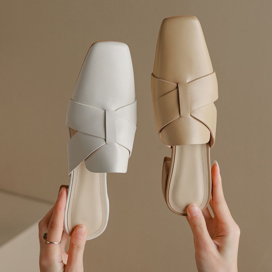 Designer sandals Designer sandals French Style Square Toe for Women, Fashionable Chunky Mid Heel Apricot Mules, Summer Mules