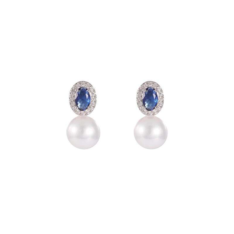 Tiqi S Pure Sier French Freshwater Pearl for Women Palace Style Inlaid with Blue Zircon Niche High-end Earrings