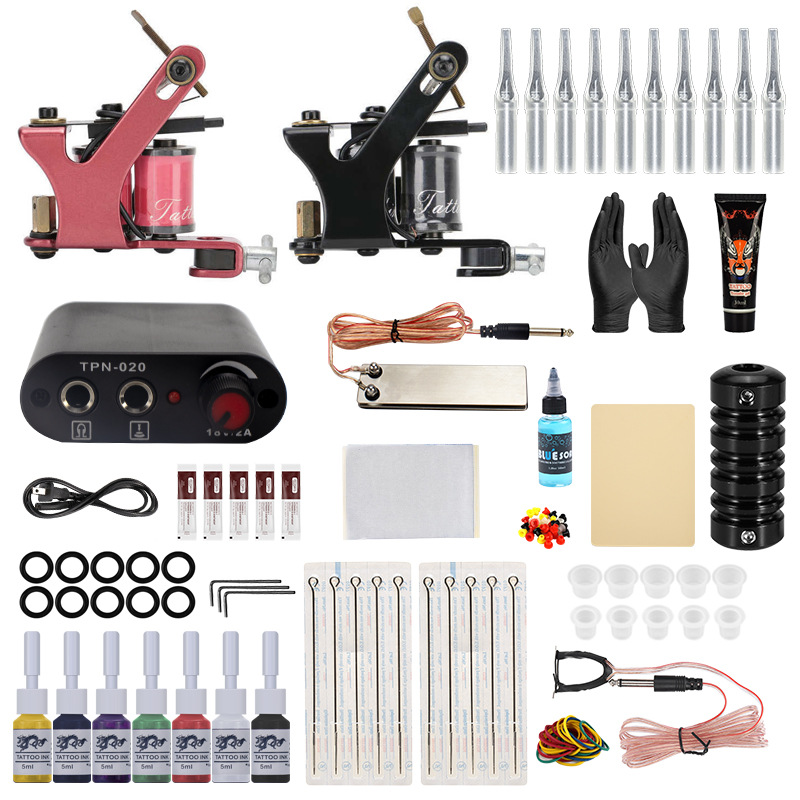 Complete Tattoo Machine Kit Set 2 Coils Guns 6 Colors Black Pigment Sets Power Tattoo Beginner Grips Kits Permanent Makeup