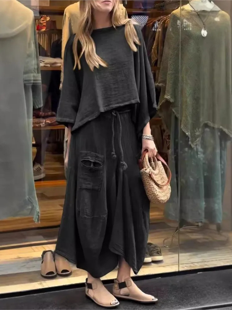 Casual Cotton Linen T Shirt Skirt Two Piece Set Women O-neck Batwing Sleeve T Shirt Outfits Autumn Winter Loose Solid Suit 250714