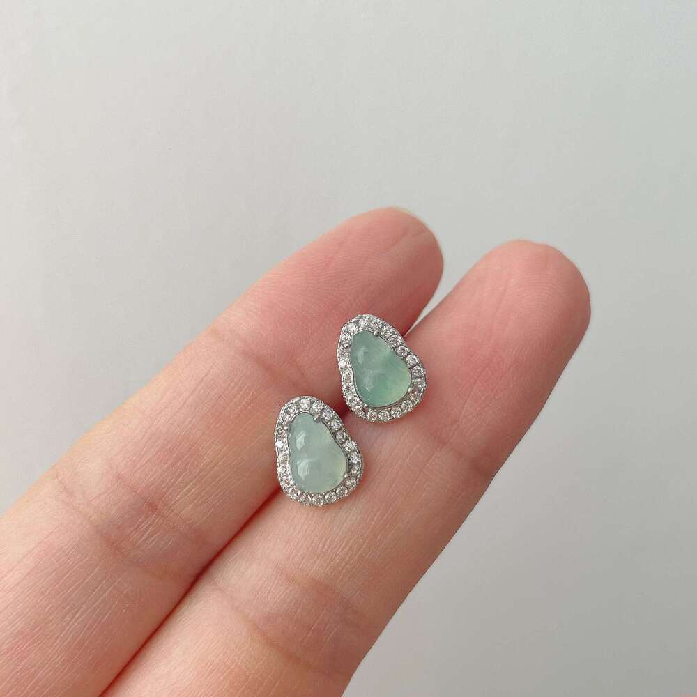 Tiqi New Chinese Style Natural Blue Water Gourd for Women, Light High-end Flashing Zircon Fortune Jade Stone Earrings Trend
