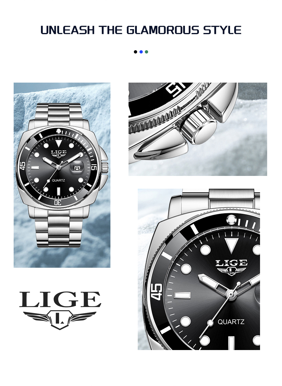 LIGE Men's Quartz Watch Steel Belt Watch Simple Fashion Business Watch Big Brand Watch Sports Waterproof Watch Teenager Watch Holiday Gift