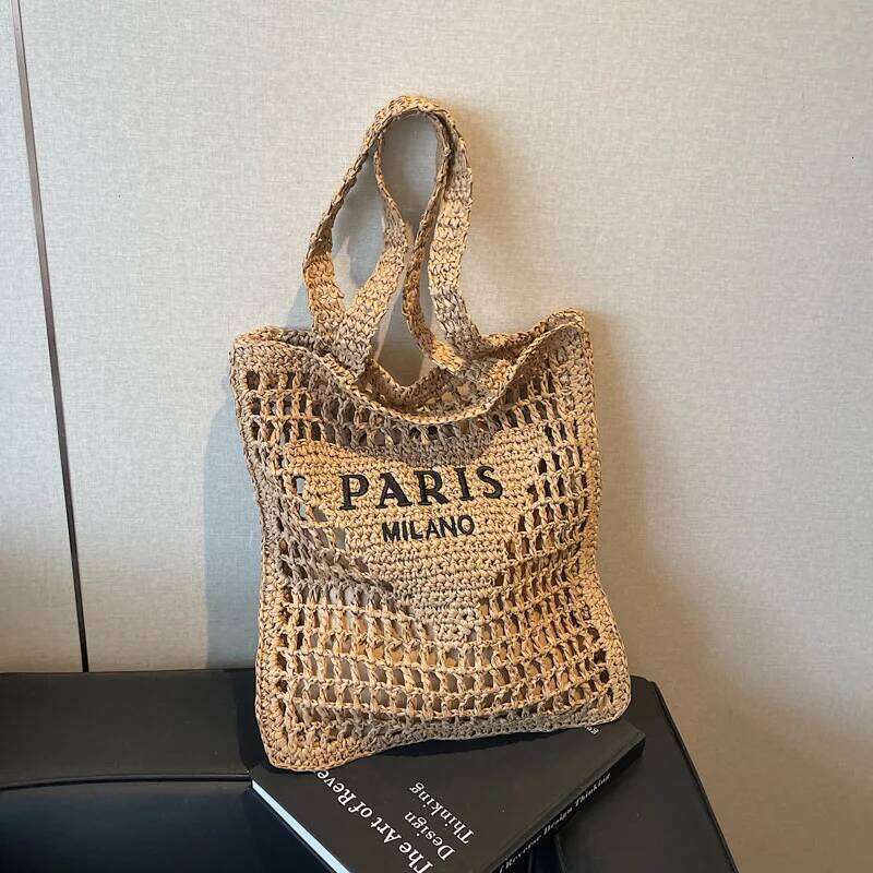 2025 Fashion Straw Letters Women's Shoulder New Hollow Weaving Large Capacity Handbag Beach Versatile Underarm Bag Women