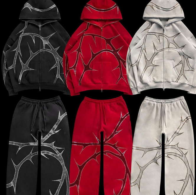 2025 Hip Hop Rhinestone Print Hoodies Pants Suit Men Women Streetwear Fashion Y2k Zipper Hoodie Jacket Gothic Autumn Loose Sweatshirt