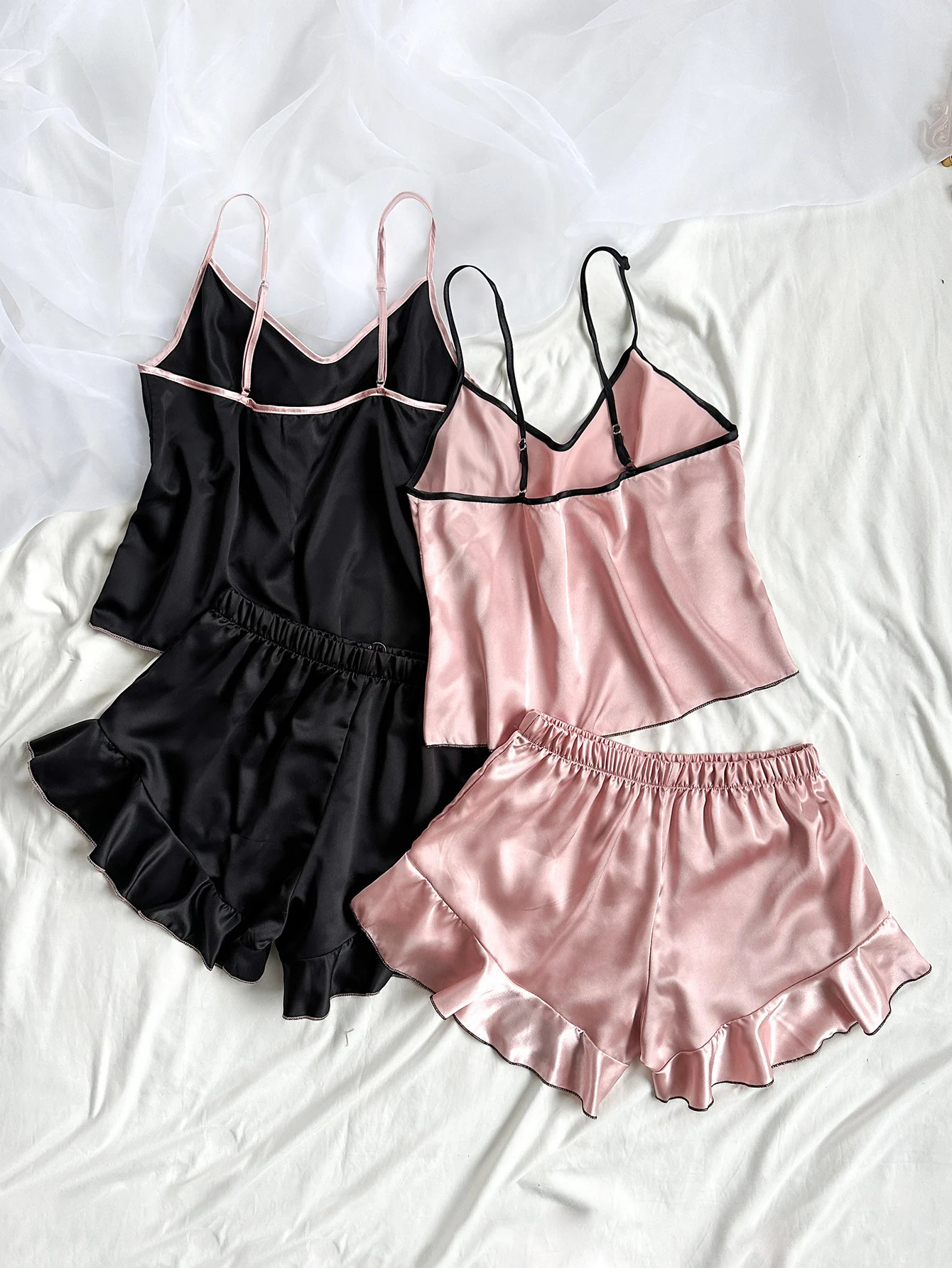 Womens Smooth Satin Pajamas VNeck TShirt Ruffled Edges And Bow Shorts Simple Breathable Pajama Set 250717