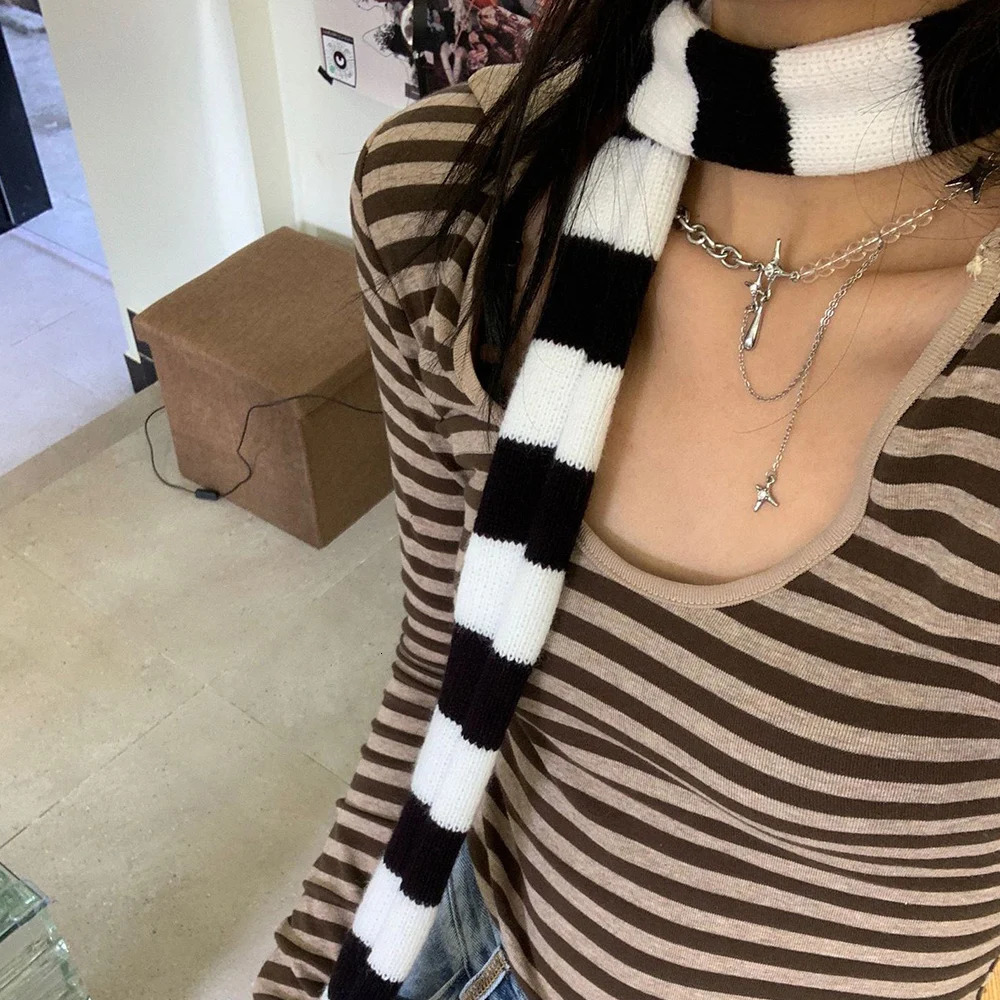 Fashion Y2K Knitted Long Thin Strip Scarf Girl Striped Skinny Slim Narrow Ribbon Scarves Women All-match Clothing Accessories 250717