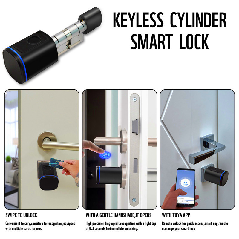 Fingerprint Door Lock Keyless Cylinder Smart Lock IPx5 Splash Proof Keystroke Tuya APP Keypad Keycard Unlock Aluminum Alloy Door Hardware Smart Home Systems