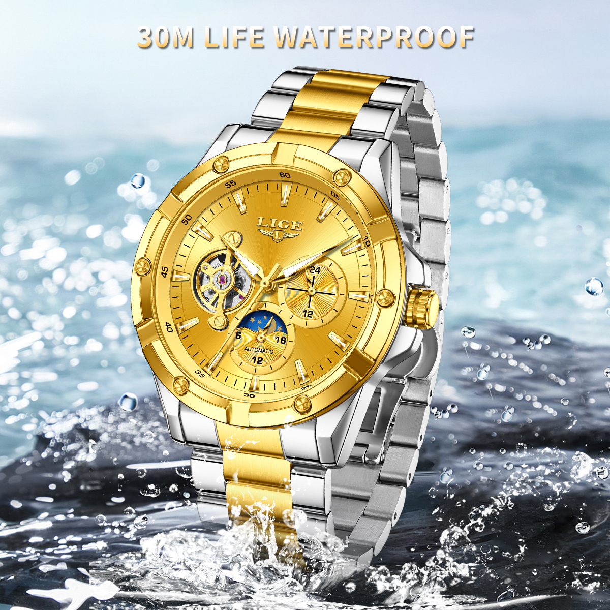 LIGE Men's Mechanical Watch Stainless Steel Band Fashion Business Watch 30m Waterproof Watch Tourbillon Multifunctional Mechanical Watch Holiday 