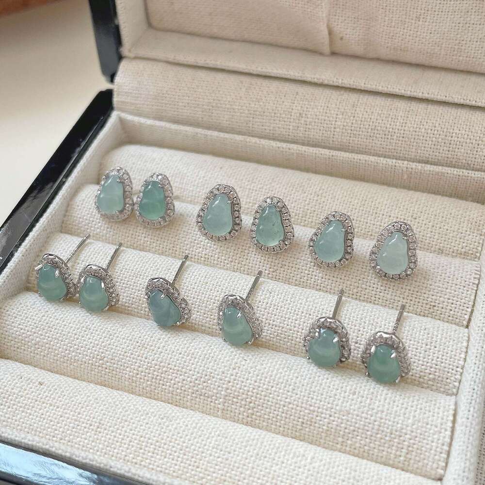 Tiqi New Chinese Style Natural Blue Water Gourd for Women, Light High-end Flashing Zircon Fortune Jade Stone Earrings Trend