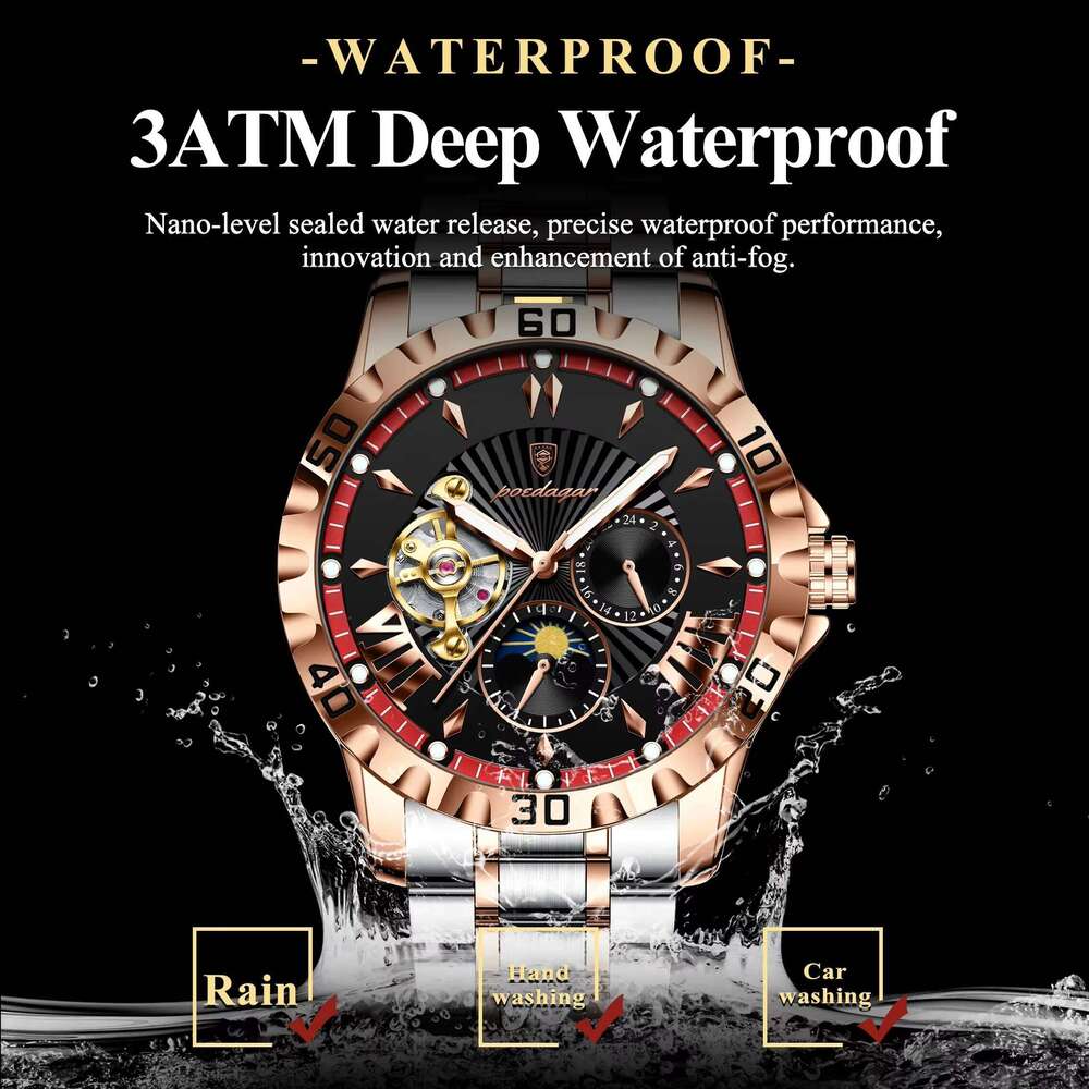 DHgargets Men's Automatic Mechanical Watch - Tourbillon, Moon Phase, Luminous, 30M Waterproof, Stainless Steel Sports Wristwatch
