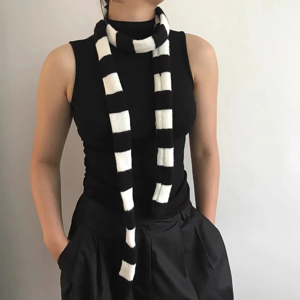 Fashion Y2K Knitted Long Thin Strip Scarf Girl Striped Skinny Slim Narrow Ribbon Scarves Women All-match Clothing Accessories 250717