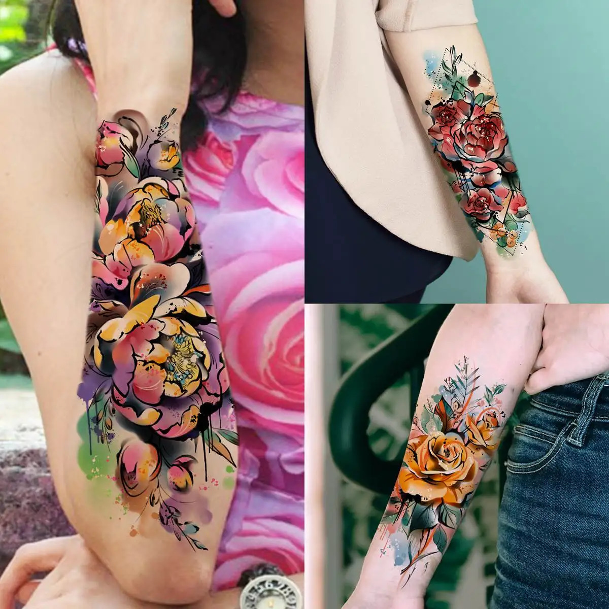 63 Sheets 3D Watercolor Rose Temporary Tattoos For Women Arm Girls Adults Peony Flower Tattoo Sticker Lion Tiger Tattoos 250721