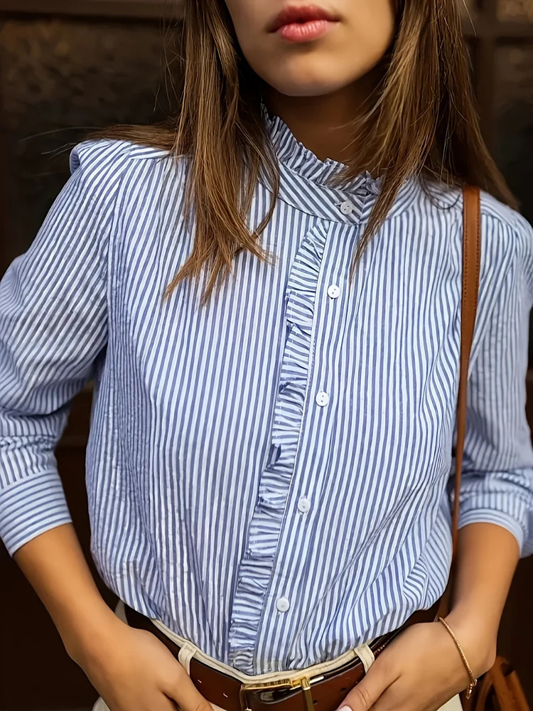 Plus Size Womens 2025 Blue Striped Shirt Basic Comfortable Versatile Temperament Long Sleeve 250707