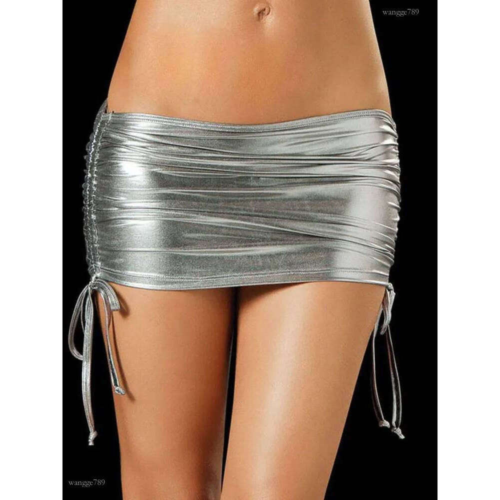 Skirts Low Waist Drawstring Micro Mini Skirts With Miniskirt Shiny Sexy Package Hip Night Clubwear Jupe Femme PU Leather Pencil Skirt 230609