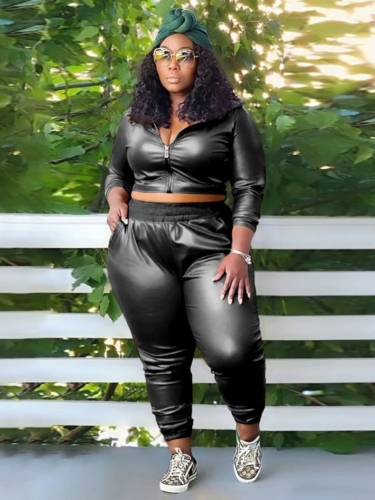Wmstar Plus Size PU Two Piece Outfits Women Fall Clothing Hoodies Coat Pants Sets Legging Matching Set Wholesale Drop 250714
