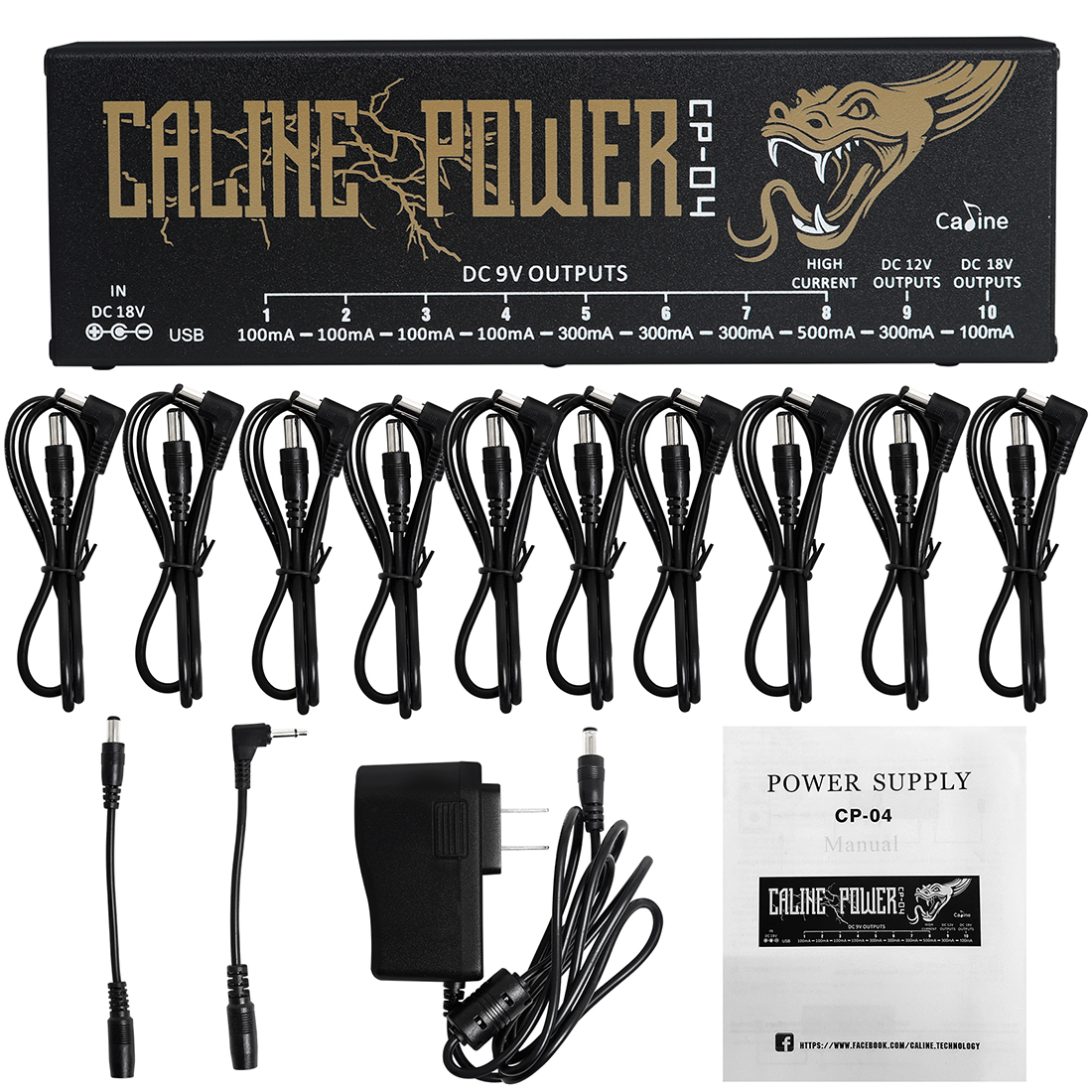 Caline CP-04 Guitar Effect Pedal Power Supply 10 Insulation Output 9V/12V/18V Short Circuit/Overcurrent Protection with Adapter