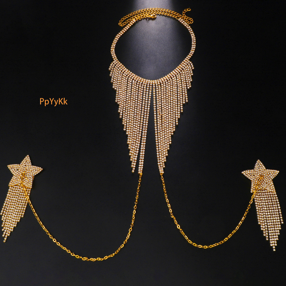 Hot Selling Iced out VVS Moissanite Bling Bling Star Shaped Chest Sticker Nipple Chain Sexy Shiny Nipple Chain Choker Tassel Body Chain for Women Phot