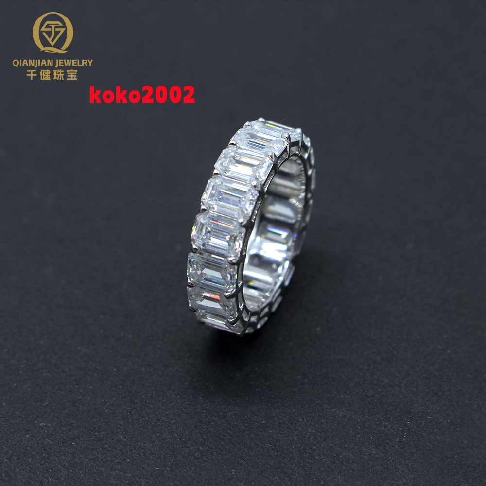 High Quality RTS Prong Setting 925 Silver Moissanite Ring White DEF VVS Emerald Shape Moissanite Rings Hip Hop Style