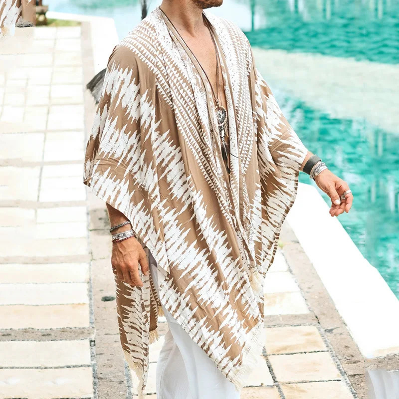 Vintage Pattern Print Trench Coat for Men Casual Loose Tassel Shawl Top Cardigan Summer Hawaiian Beach Sunscreen Cloak Men Capes 250714