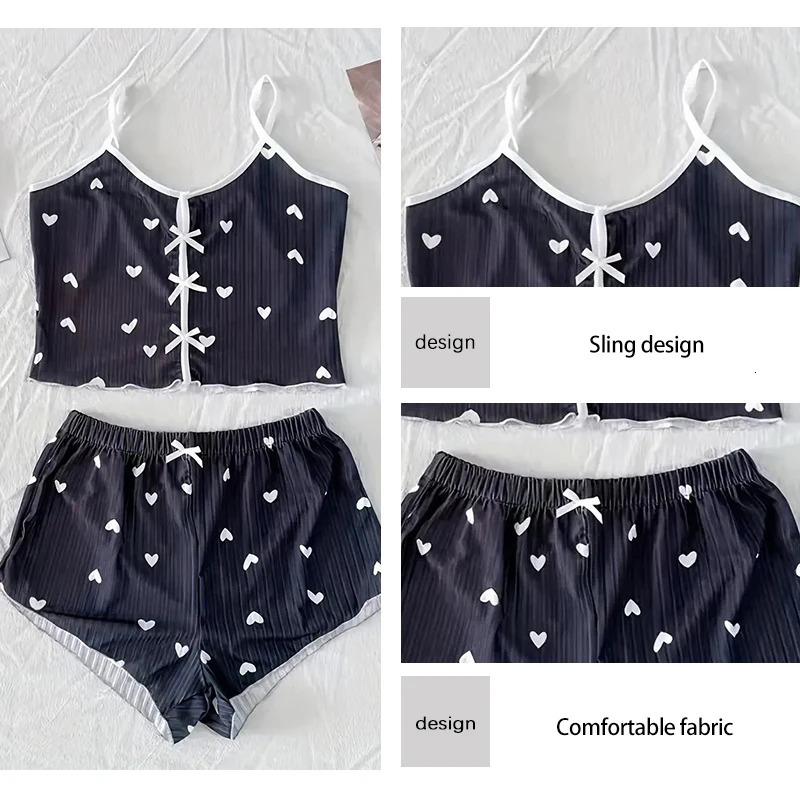 Womens Suspender Pajamas with HeartShaped Print TwoPiece Set Summer Comfortable Home Wear Sexy Casual 250717