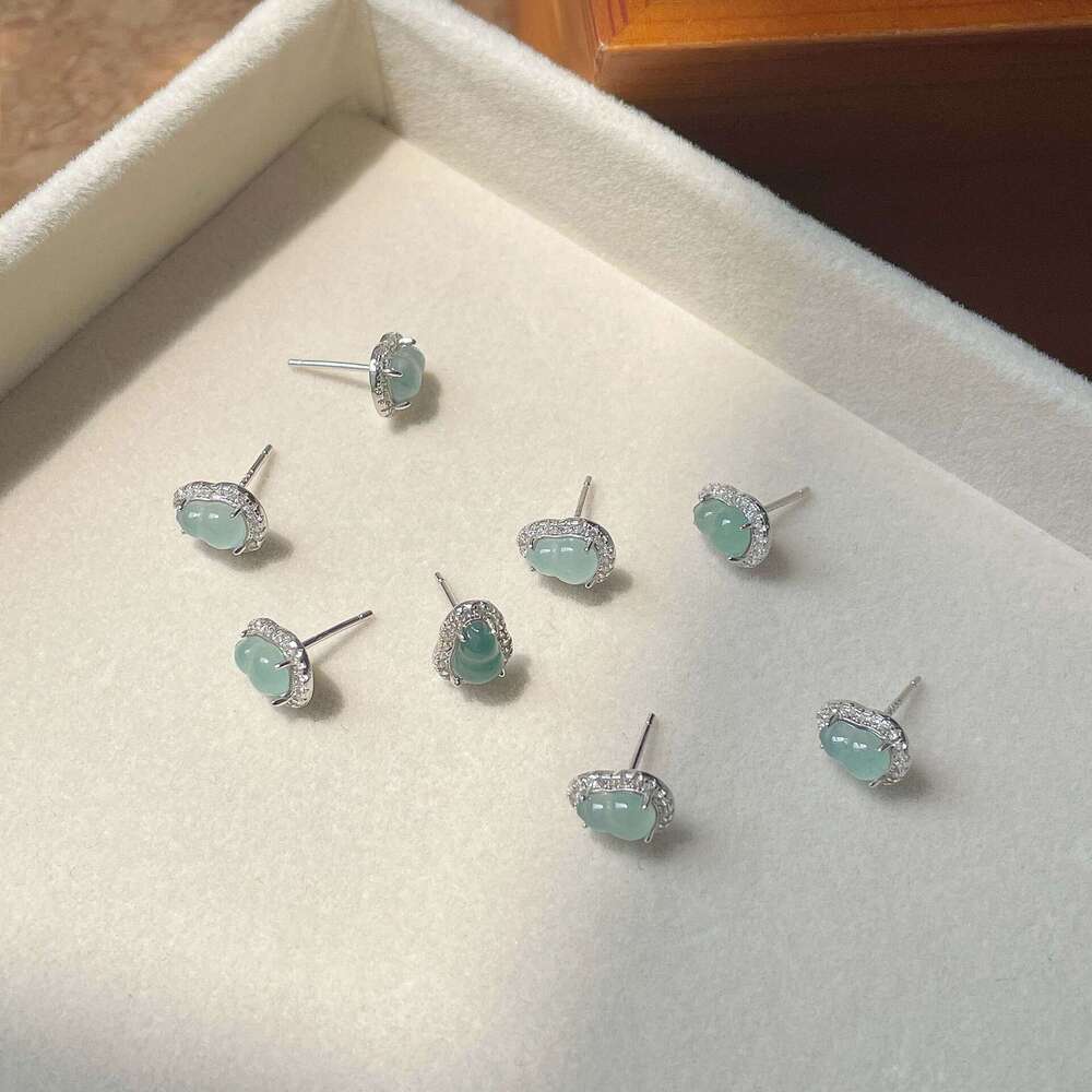 Tiqi New Chinese Style Natural Blue Water Gourd for Women, Light High-end Flashing Zircon Fortune Jade Stone Earrings Trend