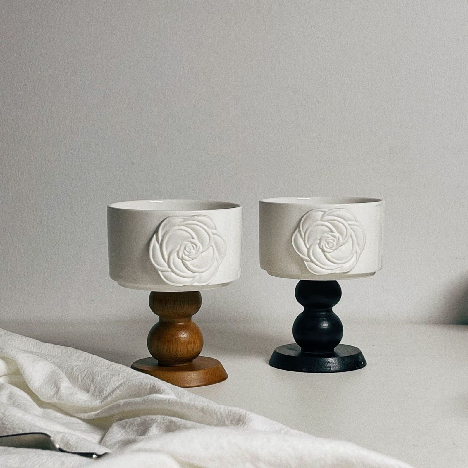 Luxury French Style Camellia Ceramic Wooden High Foot Bowl Dessert Bowl Coffee Cup Aromatherapy Candle Bowl Home Decoration 250721