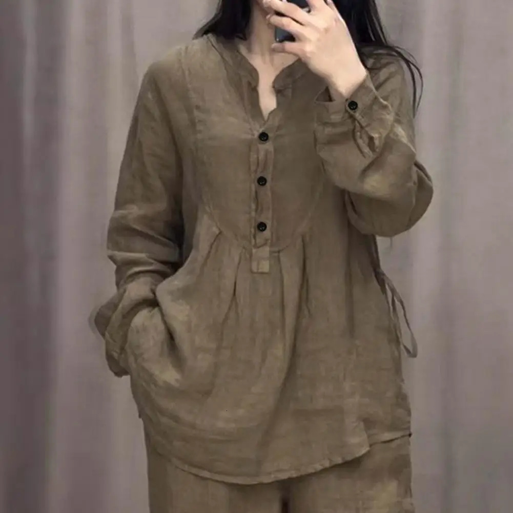 2 Pcs/Set Spring Fall Women Top Pants Suit Solid Color Half-open Round Neck Top Elastic Waist Straight Wide Leg Trousers 250714