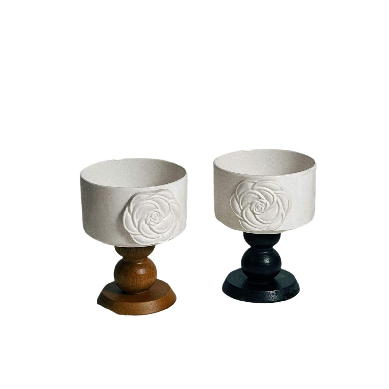 Luxury French Style Camellia Ceramic Wooden High Foot Bowl Dessert Bowl Coffee Cup Aromatherapy Candle Bowl Home Decoration 250721